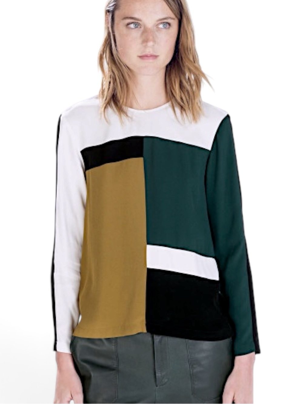 ZARA Colorblock Long Sleeve Blouse | Forest Green White Olive Black | SZ Small